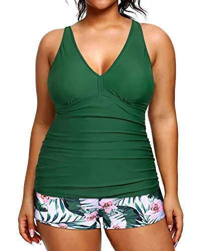 Bikini women swimwear with adjustable straps for a customized fitAthletic Plus Size Bathing Suits V Neckline Modest Swimsuits For Women-Green Tropical Floral