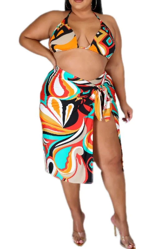 Printed floral women swimwear for a feminine and colorful beach vibeFinal Sale Plus Size 3pc Poolside Playsuit (Bikini Top, Bottom & Skirt) Set in Multicolor Swirl Print