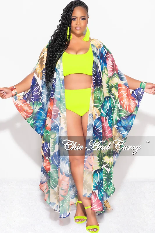 One - piece women swimwear with cut - outs for a stylish and modern appealFinal Sale Plus Size Chiffon Duster With Wrist Cuff in Multi-Color Palm Print