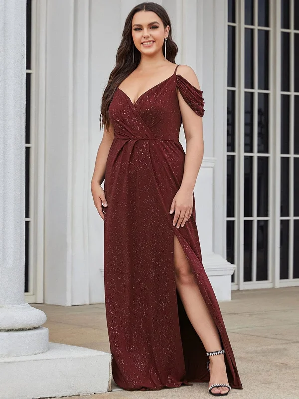 Shift Women Dress with a Simple and Classic Design for Everyday WearPlus Size V-Neck Cold Shoulder Floor-Length Evening Dress