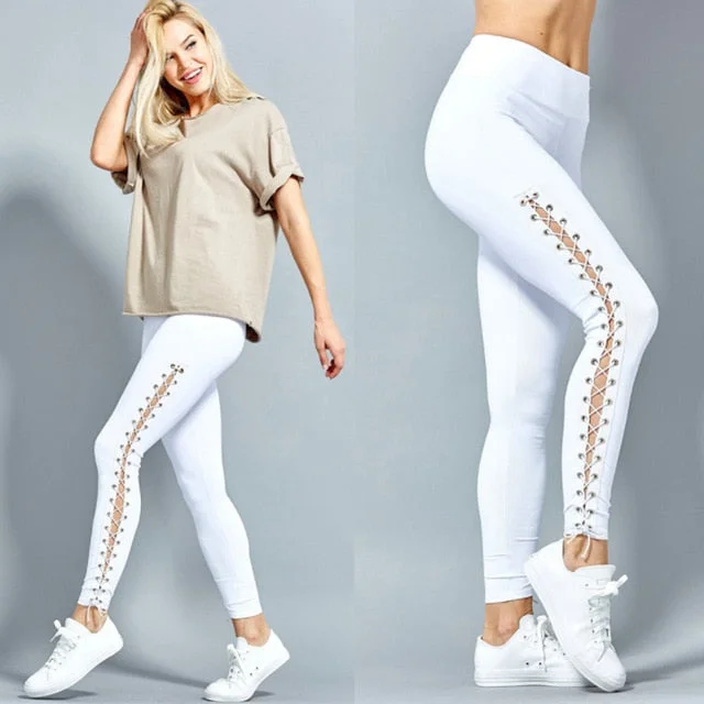 Compression women leggings for post - workout recovery and muscle supportHigh Waist Lace Up Fitness Leggings