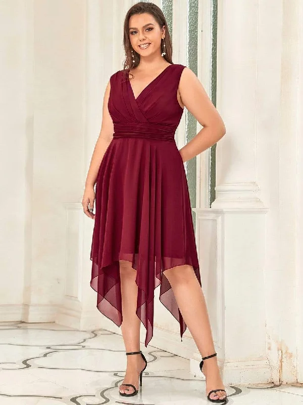 Off - the - Shoulder Women Dress for a Romantic and Feminine LookPlus Size Double V Neck Ruched-Waist Midi Chiffon Bridesmaid Dress