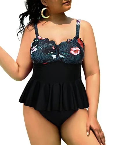 One - piece women swimwear with cut - outs for a stylish and modern appealTummy Control Bathing Suits Scalloped Design Plus Size Tankini Swimsuits-Black Floral