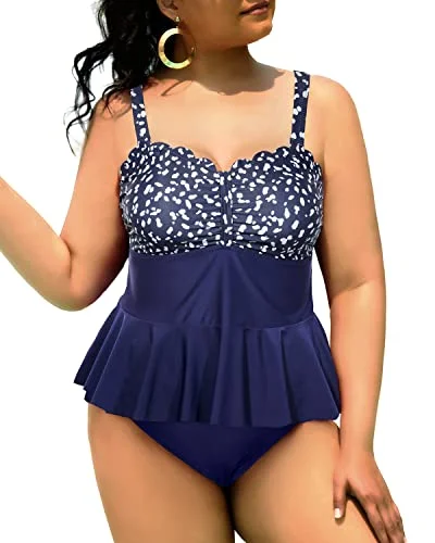 High - waisted women swimwear for a retro and flattering lookTrendy High Waisted Peplum Tankini Plus Size Scalloped Swimsuits with Tummy Control