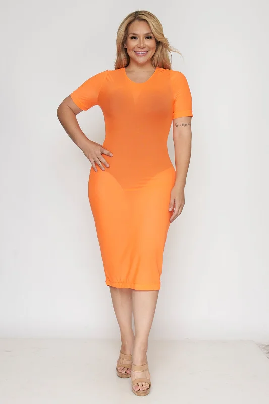 Backless Women Dress for a Sexy and Alluring Look at Evening EventsPlus Size See-Trough Short Sleeve Midi Dress in Neon "Undershirt Not Included" (D1044)