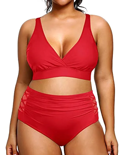 Convertible women swimwear that can be worn in multiple styles for versatilityHigh Waisted Lattice Mesh Inset Plus Size Bathing Suits For Curvy Women-Red