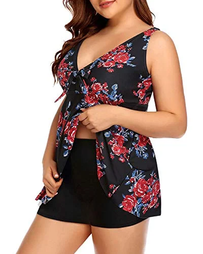 Ruched women swimwear with fabric gathers for a slimming effectPlus Size Push Up Tankini Top Boy Shorts Tankini Set-Black And Red Floral