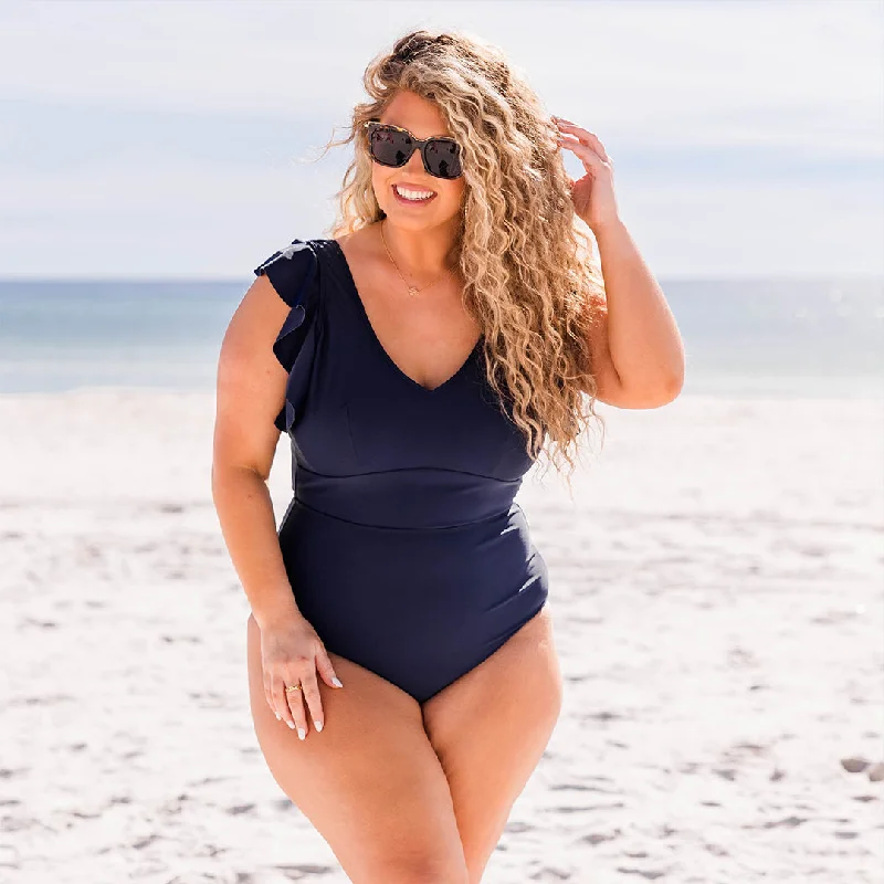 Sustainable women swimwear made from recycled materials for eco - conscious beachgoersSpending My PTO Swimsuit, Navy