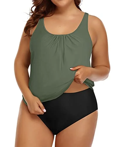 Lace - trimmed women swimwear for an elegant and romantic touchPlus Size Two Piece Tummy Control Blouson Swimsuit For Women-Olive Green