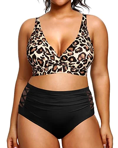 Rash - guard women swimwear for sun protection during water sports2 Piece Plus Size Bikini High Waisted Swimsuits Tummy Control Swimwear-Black And Leopard