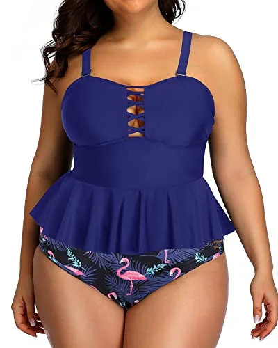 Ruched women swimwear with fabric gathers for a slimming effectLace Strappy Sides Bikini Bottoms Plus Size Swimsuits For Women-Blue Flamingo