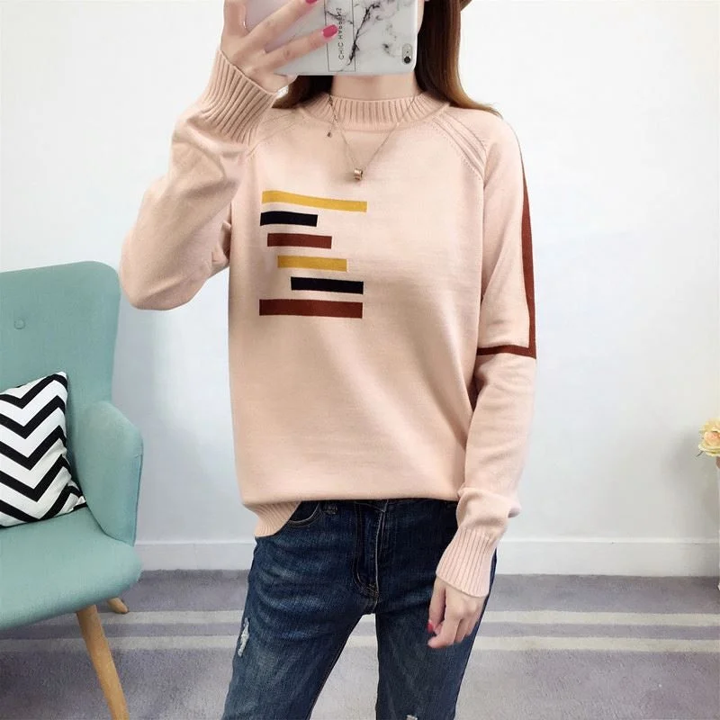 Plus - Size Women Sweater with a Flattering Fit2022 NEW ARRIVAL Korean Style Crew Neck Patchwork Print Stripe Woman Sweater