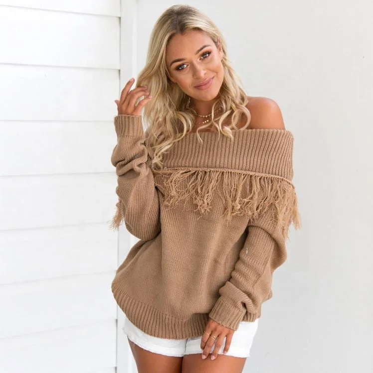 Button - Down Women Sweater for a Versatile LookAutumn New Design Off Shoulder Sexy Ladies Casual Tassel Sweater