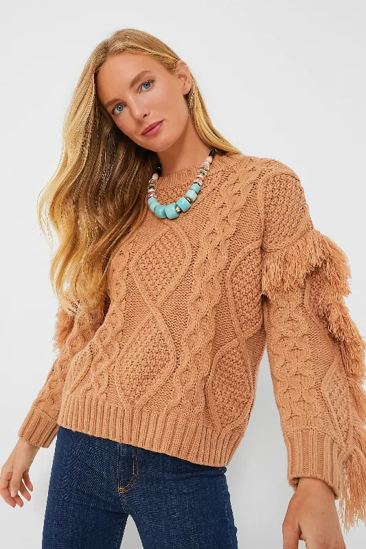 Cable - Knit Women Sweater with Intricate PatternsCamel Francesca Fringe Sweater