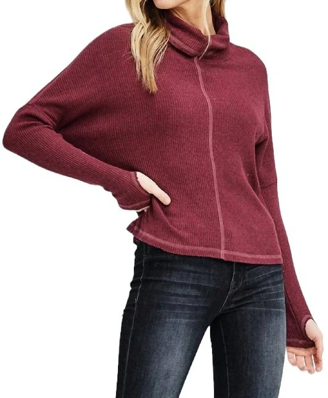 Color - Blocked Women Sweater for a Bold Fashion StatementCamryn Ribbed Turtleneck Dolman Sleeve Top In Wine