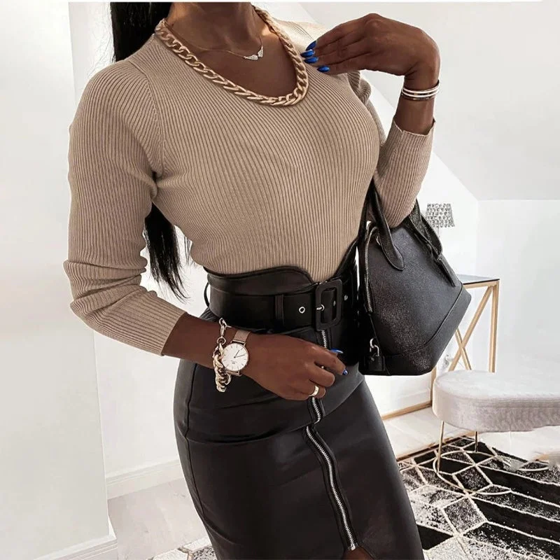 Open - Front Women Sweater for Easy LayeringChain Decoration O-Neck Stripe Women's Sweater Solid Black Long Sleeve Slim Sexy Ladies Streetwear Spring Top Fashion New