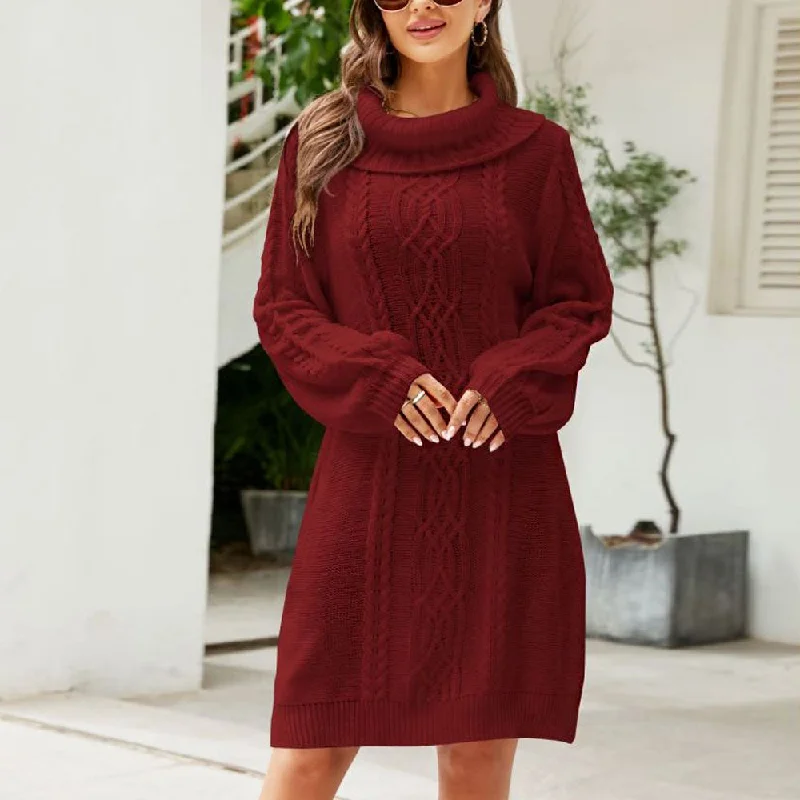 Cashmere Women Sweater with a Luxurious Soft TouchChic Cowl Neck Balloon Sleeve Fisherman Cable Knit Mini Sweater Dress