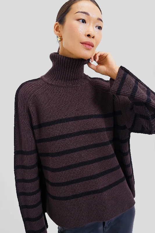 Plus - Size Women Sweater with a Flattering FitChocolate & Black Striped Emsley Turtleneck