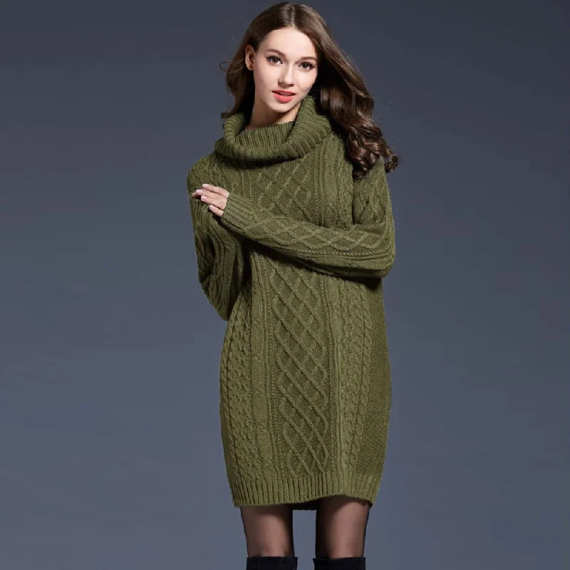 Turtleneck Women Sweater for a Classic and Elegant StyleChunky Cowl Neck Drop Shoulder Fisherman Cable Knit Mini Sweater Dress