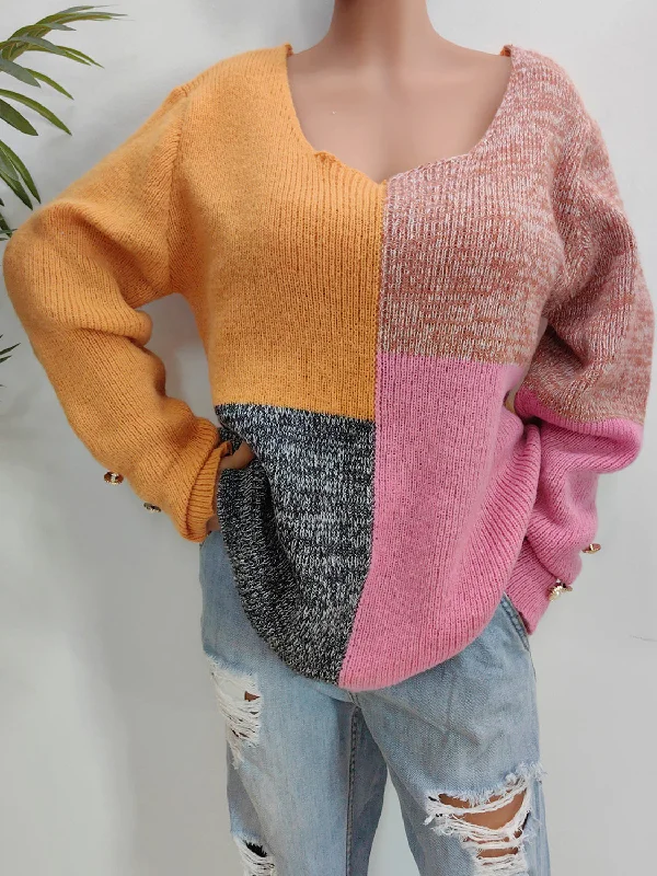 Chunky Knit Women Sweater for Winter WarmthColor Block Decorative Button Long Sleeve Sweater