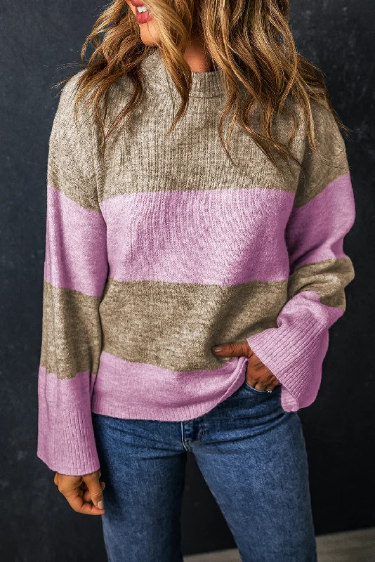 Striped Women Sweater with a Timeless PatternColor Block Round Neck Long Sleeve Sweater