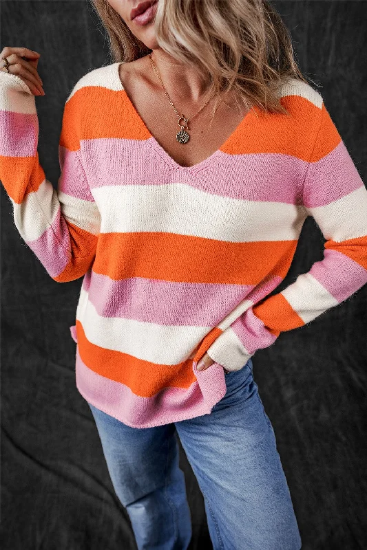 Organic Cotton Women Sweater for an Eco - Friendly ChoiceColor Block V-Neck Long Sleeve Sweater