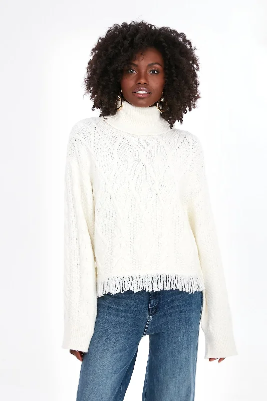 Hooded Women Sweater for Added Comfort and StyleCream Cable Pattern Turtleneck Fringe Sweater