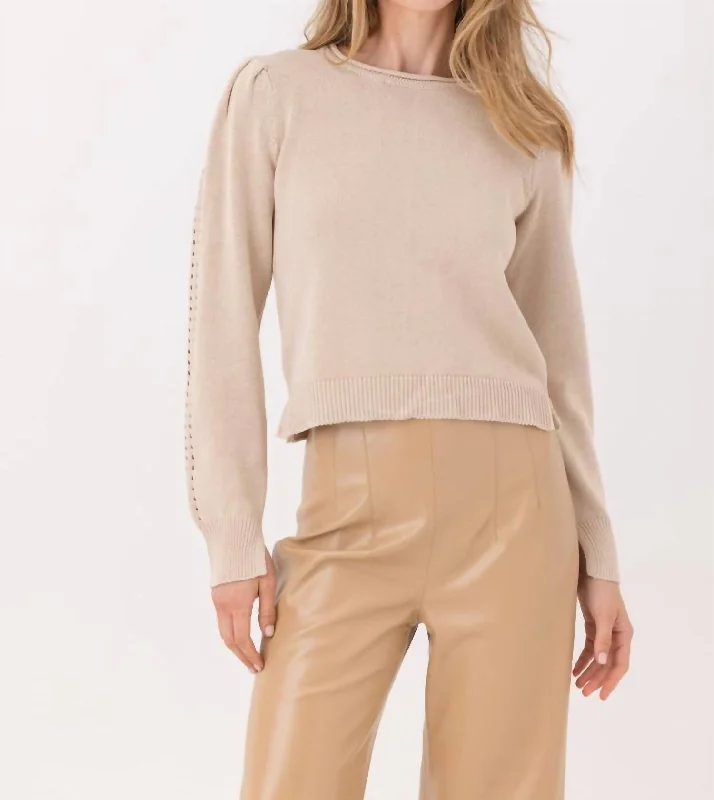 Long - Sleeve Women Sweater with Ribbed CuffsCrystal Sweater In Tan