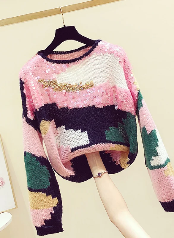 Plus - Size Women Sweater with a Flattering FitCute Colorful Long Sleeve Sweater Round Neck Sequins Sweater    S4371