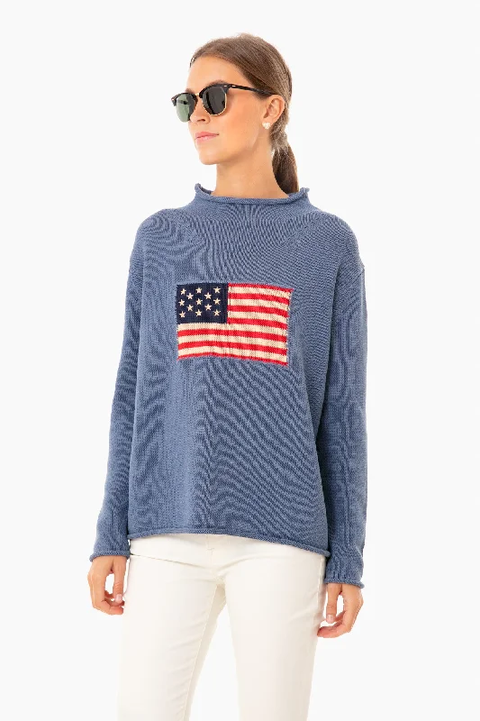 Long - Sleeve Women Sweater with Ribbed CuffsDenim Blue Americana Sweater