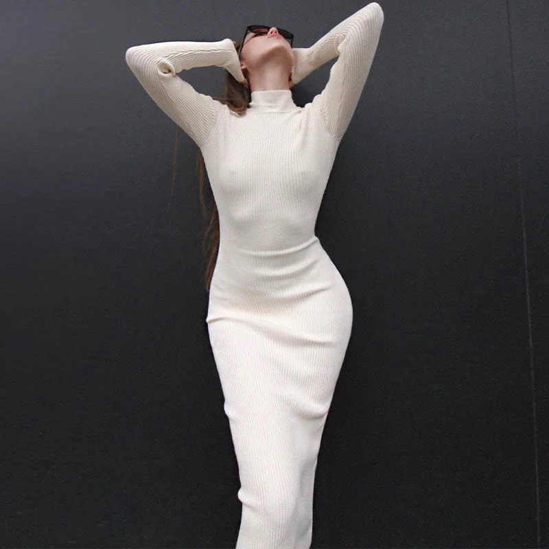 Color - Blocked Women Sweater for a Bold Fashion StatementElegant High Neck Long Sleeve Bodycon Rib Knit White Midi Sweater Dress