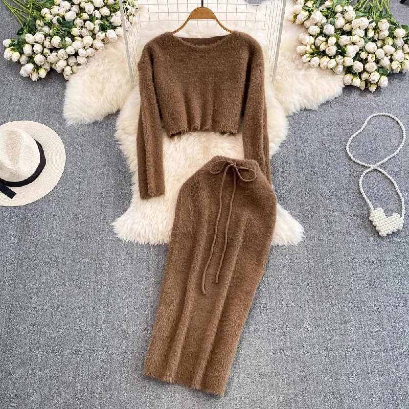 Long - Sleeve Women Sweater with Ribbed CuffsFashionable suit for women round neck knitted sweater two-piece set        S4127