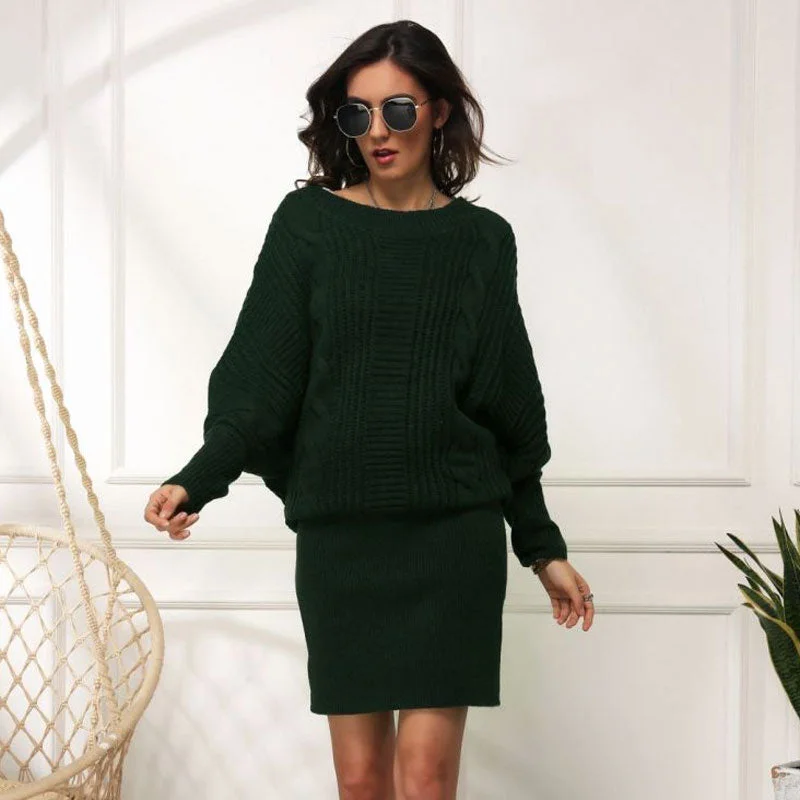 V - Neck Women Sweater to Elongate the NecklineFeminine Crew Neck Drop Shoulder Fisherman Cable Knit Sweater Dress