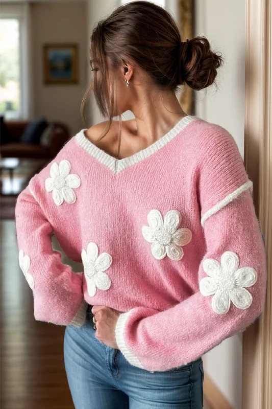 Hand - Knitted Women Sweater with Artisanal CharmFlower V-Neck Dropped Shoulder Sweater