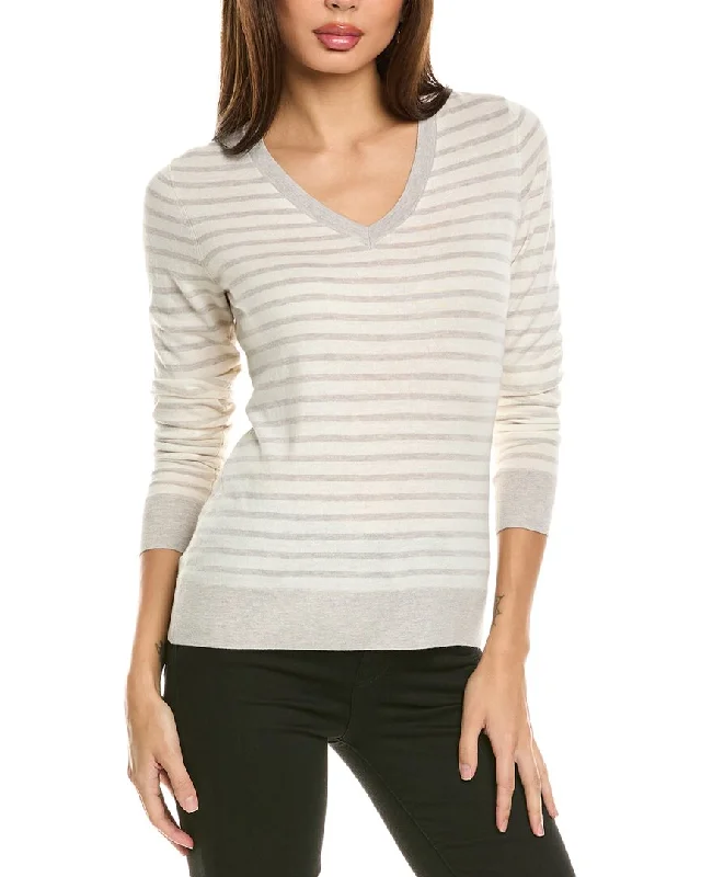 Long - Sleeve Women Sweater with Ribbed CuffsForte Cashmere Fitted Stripe V-Neck Silk & Cashmere-Blend Sweater