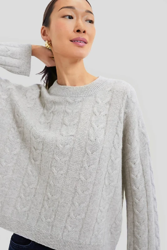 Sequin - Embellished Women Sweater for Special OccasionsGray Cashmere Eloise Cable Knit Boyfriend Crewneck