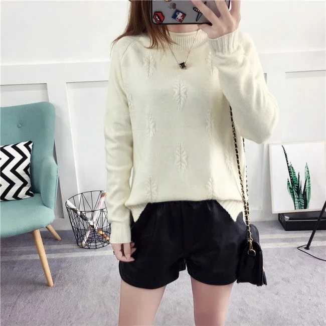 Chunky Knit Women Sweater for Winter WarmthHot Sale Korean Style High Neck Leaf Print Woman Cashmere Sweater