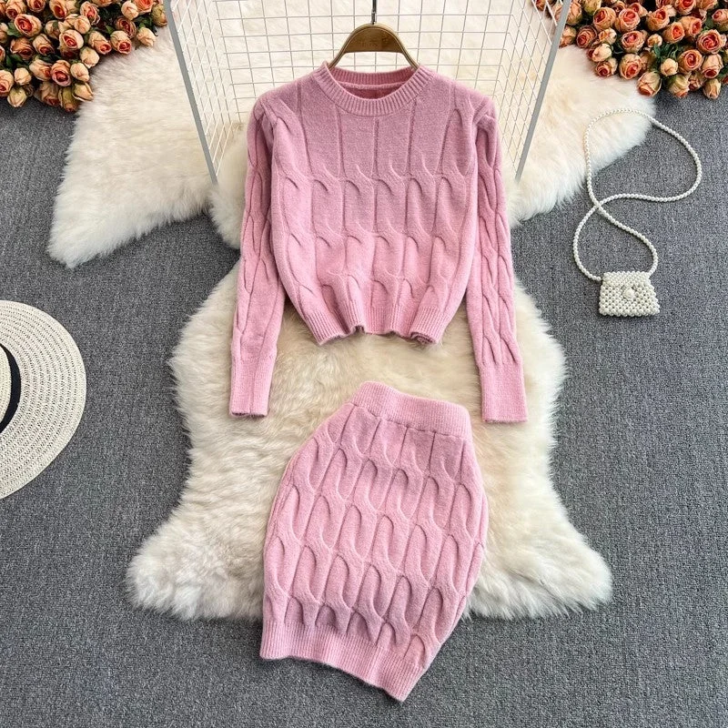 Oversized Women Sweater for a Cozy and Fashionable LookKnitted fashion suit for women round neck long-sleeved sweater two-piece set      S4118