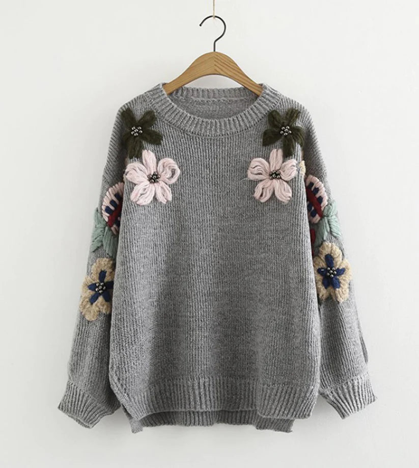 Hand - Knitted Women Sweater with Artisanal CharmLovely flowers long sleeve sweater     S2546