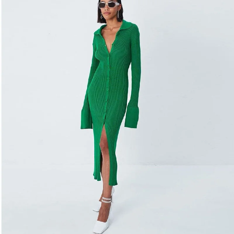 Mock - Neck Women Sweater for a Modern TwistMinimalist Button Front Long Sleeve Collared Bodycon Green Midi Rib Knit Dress