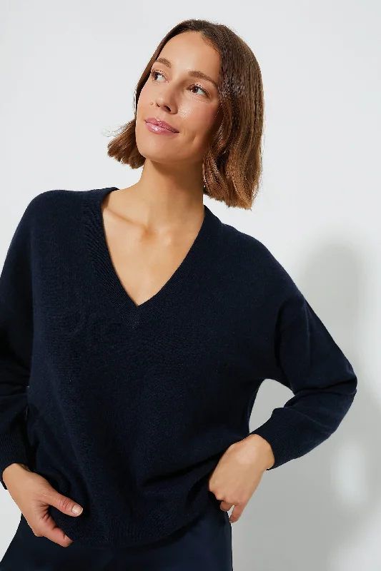 V - Neck Women Sweater to Elongate the NecklineNavy Cashmere Emma V-Neck Boyfriend Sweater