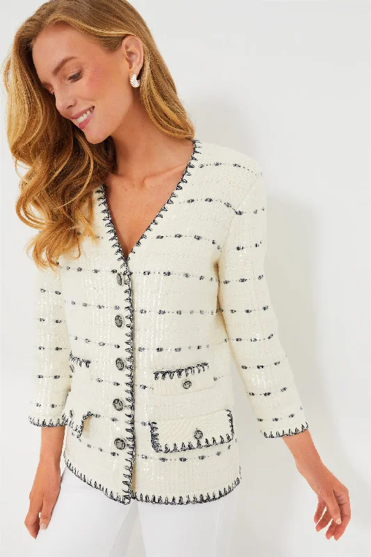 Floral Print Women Sweater for a Feminine AppealOff White and Navy Ceriani Knit Jacket with Sequins