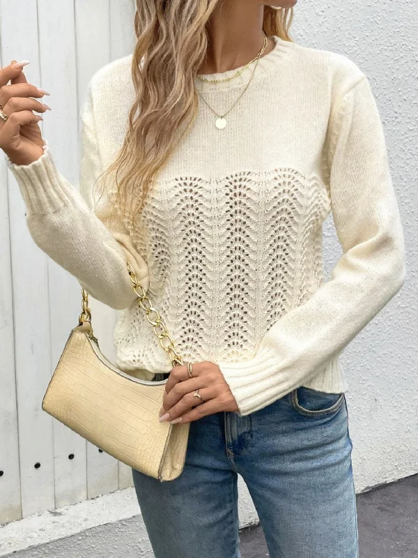 Button - Down Women Sweater for a Versatile LookOpenwork Round Neck Long Sleeve Sweater