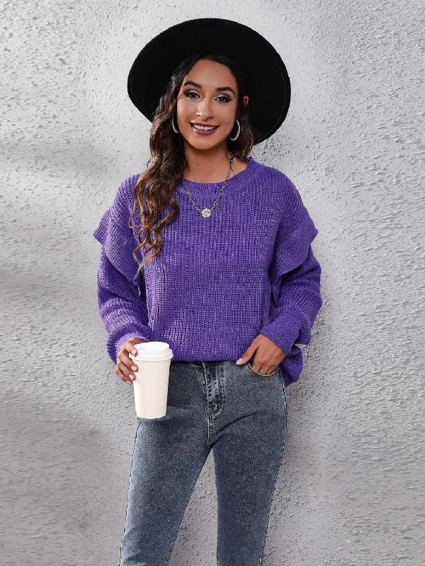 Long - Sleeve Women Sweater with Ribbed CuffsRuffled Round Neck Dropped Shoulder Sweater