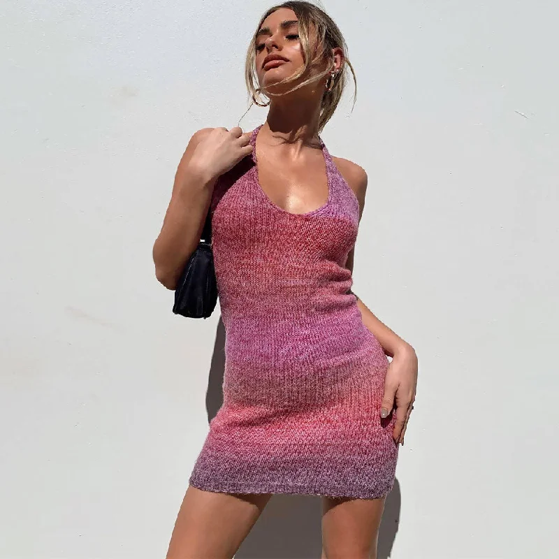 Hand - Knitted Women Sweater with Artisanal CharmSexy Halter Neck Sleeveless Open Back Ombre Knit Mini Bodycon Dress