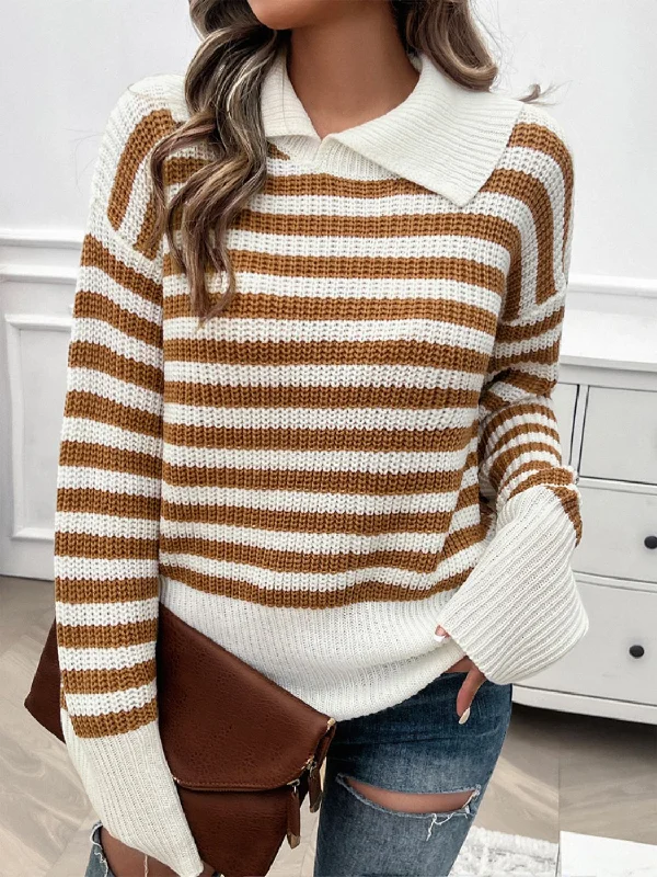 Chunky Knit Women Sweater for Winter WarmthStriped Collared Neck Long Sleeve Sweater