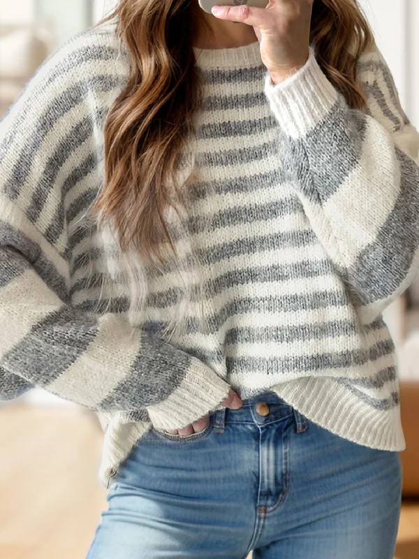 Open - Front Women Sweater for Easy LayeringStriped Round Neck Dropped Shoulder Sweater