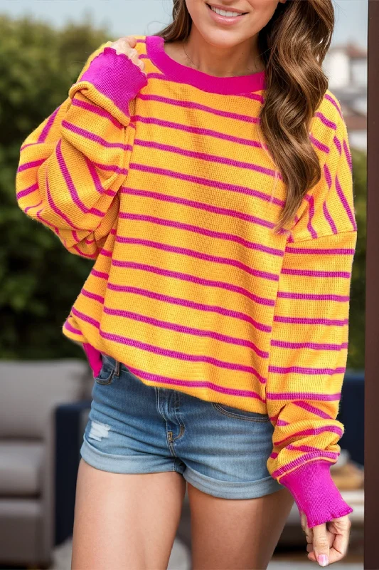 Open - Front Women Sweater for Easy LayeringStriped Round Neck Long Sleeve Sweater