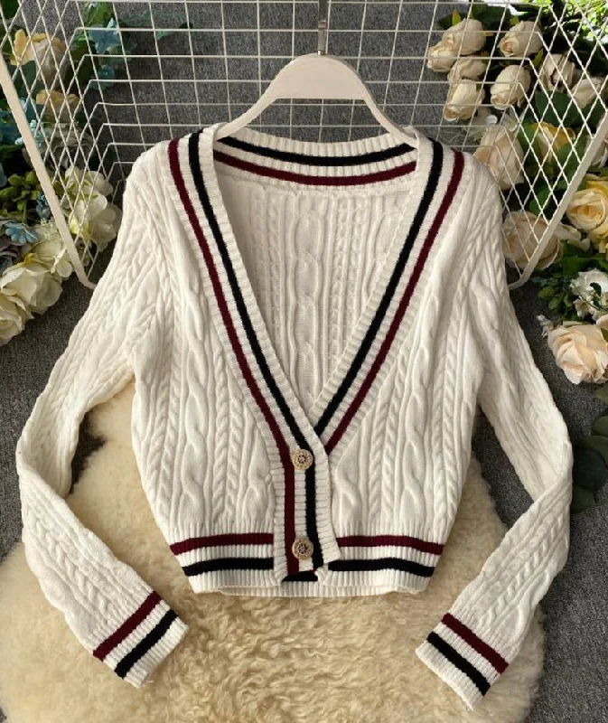 Cropped Women Sweater to Pair with High - Waisted BottomsStyle V Neckline Loose Sweater Long Sleeve Sweater Sweater Coat Spring And Autumn Clothing      S4369