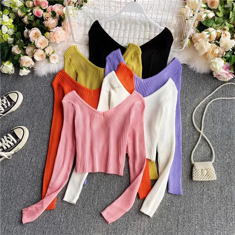 Hand - Knitted Women Sweater with Artisanal CharmSweater new v-neck long-sleeved t-shirt women's top      S4180